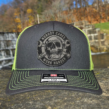 Load image into Gallery viewer, Nobody Cares Work Harder Charcoal High Vis Green Snap Back Richardson 112 Hat