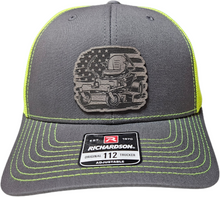 Load image into Gallery viewer, Zero Turn Lawn Mower Charcoal and High Vis Green Richardson 112 Trucker Hat
