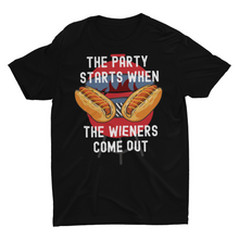 Load image into Gallery viewer, The Party Starts When The Wiener Comes Out Funny Hot Dog Unisex T-Shirt, Funny Summer cook out T-shirt