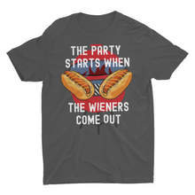 Load image into Gallery viewer, The Party Starts When The Wiener Comes Out Funny Hot Dog Unisex T-Shirt, Funny Summer cook out T-shirt