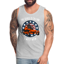 Load image into Gallery viewer, The Grass Is Calling I Must Mow Funny Lawn Mowing Men’s Premium Tank - heather gray