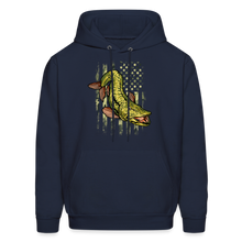 Load image into Gallery viewer, Musky Fishing Camouflage American Flag Muskie Hoodie - navy