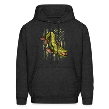 Load image into Gallery viewer, Musky Fishing Camouflage American Flag Muskie Hoodie - charcoal grey