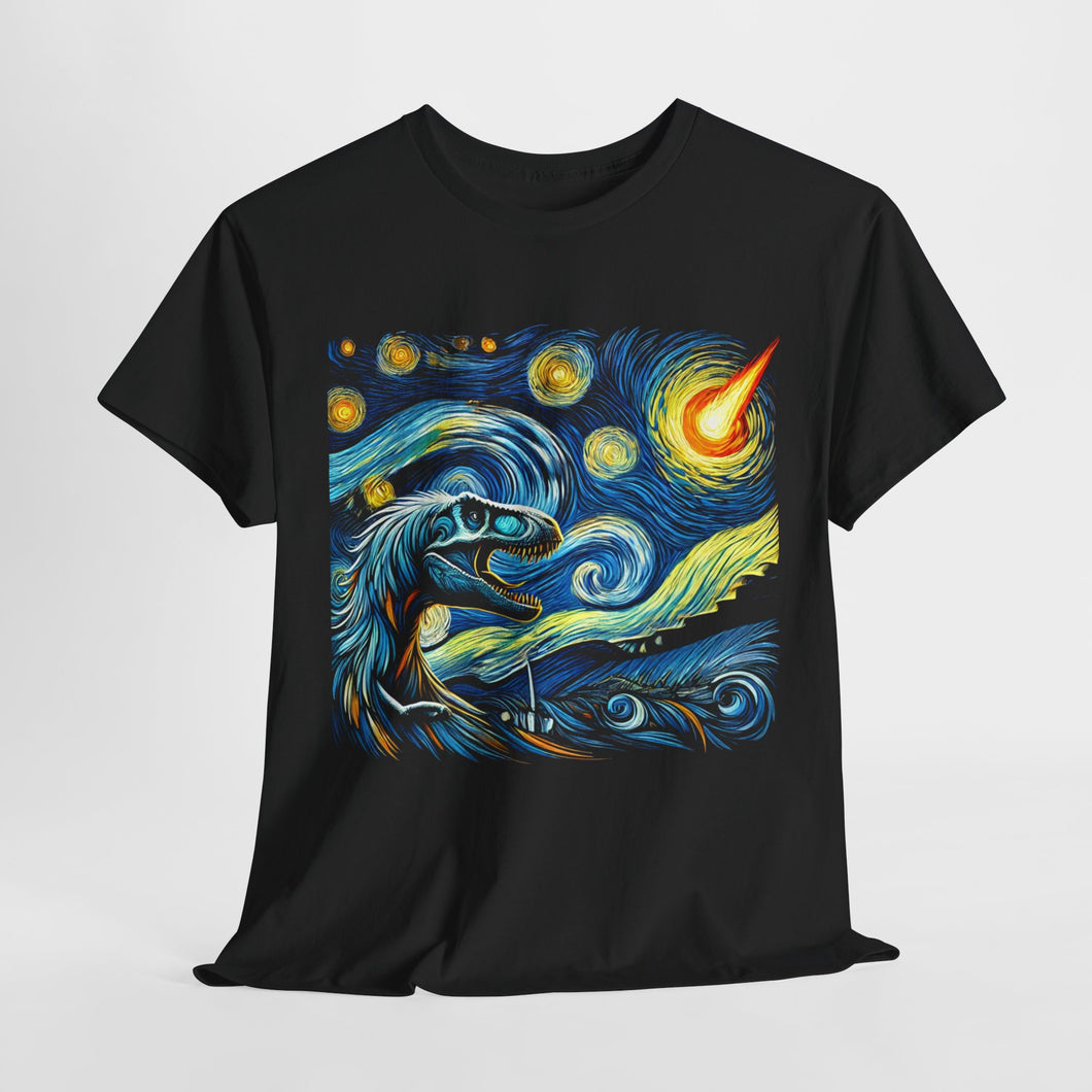 T-Rex Cosmic Collision Art – Dynamic Dinosaur Unisex Cotton Tee