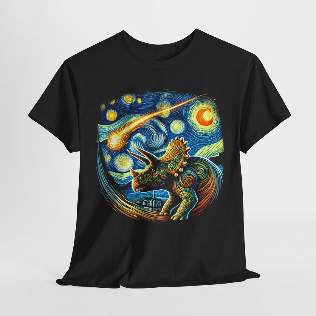 Triceratops Cosmic Collision Prehistoric Elegance in Motion Unisex Cotton Tee