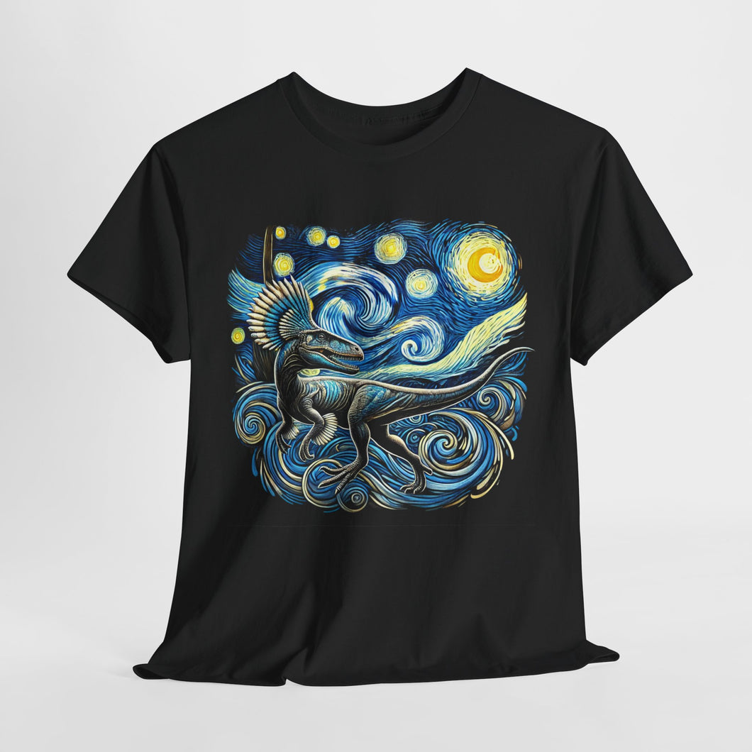 Starry Night Dilophosaurus Art Vibrant Prehistoric Design Unisex Cotton Tee