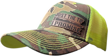 Load image into Gallery viewer, Just The Tip, I Promise Camo and Hi Vis Green Snap Back Trucker Hat
