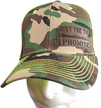 Load image into Gallery viewer, Just The Tip, I Promise Camo and Hi Vis Green Snap Back Trucker Hat
