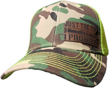 Load image into Gallery viewer, Just The Tip, I Promise Camo and Hi Vis Green Snap Back Trucker Hat
