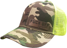 Load image into Gallery viewer, F*CK OFF, RESPECTFULLY&quot; CAMO AND HIGH-VIS GREEN SNAP BACK TRUCKER HAT
