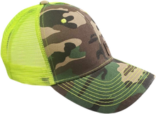 Load image into Gallery viewer, F*CK OFF, RESPECTFULLY&quot; CAMO AND HIGH-VIS GREEN SNAP BACK TRUCKER HAT

