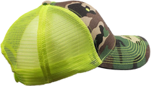 Load image into Gallery viewer, F*CK OFF, RESPECTFULLY&quot; CAMO AND HIGH-VIS GREEN SNAP BACK TRUCKER HAT
