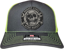 Load image into Gallery viewer, Nobody Cares Work Harder Charcoal High Vis Green Snap Back Richardson 112 Hat
