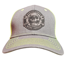 Load image into Gallery viewer, Skull Nobody Cares Work Harder Gray and High Vis Snap Back Trucker Hat
