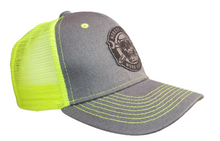 Load image into Gallery viewer, Skull Nobody Cares Work Harder Gray and High Vis Snap Back Trucker Hat
