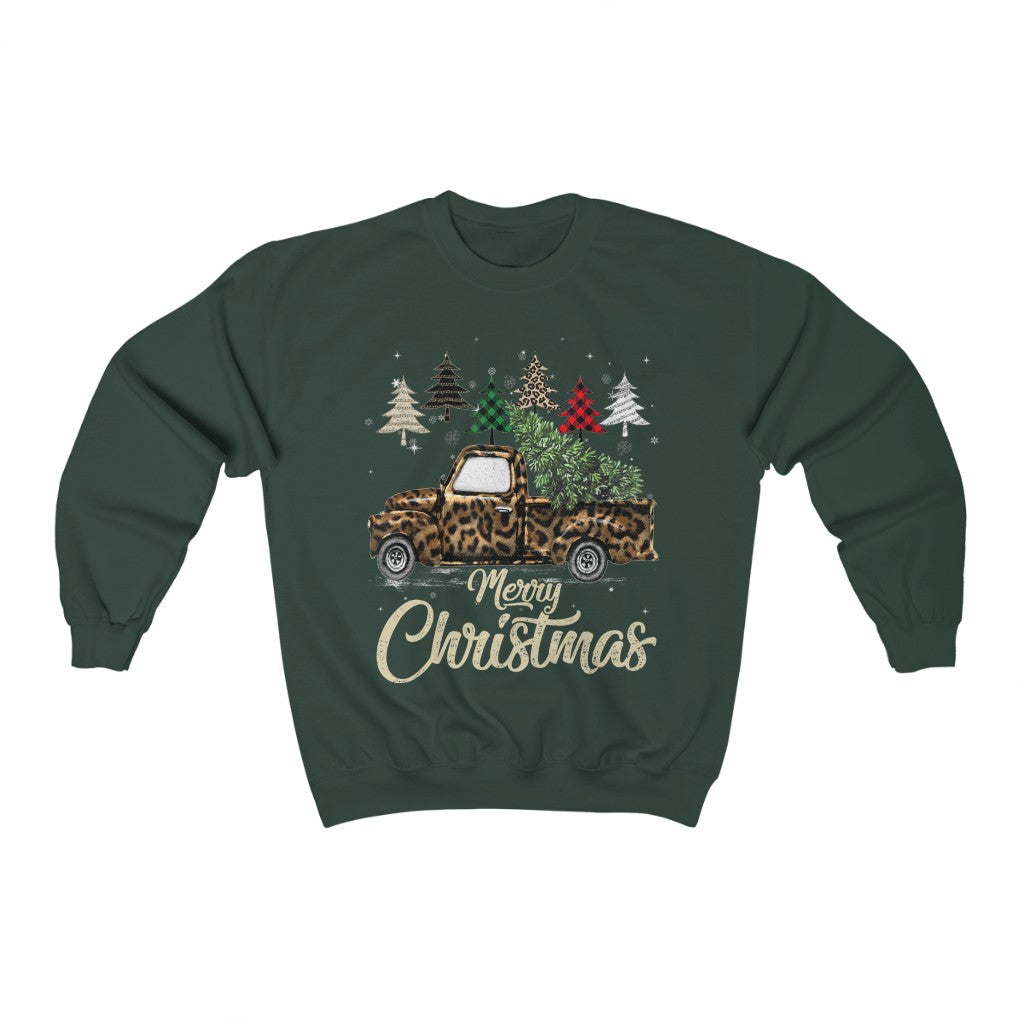 Retro Style Merry Christmas Leopard Print Vintage Truck Unisex Heavy Blend™ Crewneck Christmas Sweatshirt