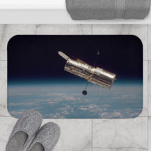 Load image into Gallery viewer, Hubble Against Earth&#39;s Horizon Solar System, Space Bath Mat, Space Decor, Bathroom Decor, Nature&#39;s Beauty, Space Art, Astronomy Decor
