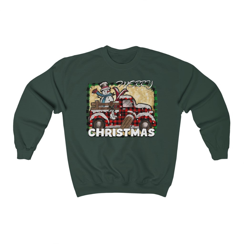Merry Christmas Snowman In Plaid Vintage Truck Unisex Heavy Blend™ Crewneck Sweatshirt