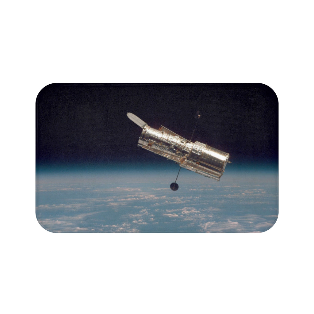Hubble Against Earth's Horizon Solar System, Space Bath Mat, Space Decor, Bathroom Decor, Nature's Beauty, Space Art, Astronomy Decor