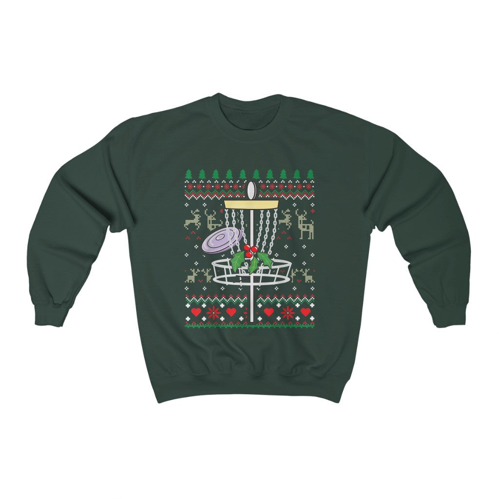 Disc Golf Basket Frisbee Golf Ugly Christmas Sweater Style Unisex Heavy Blend™ Crewneck Sweatshirt