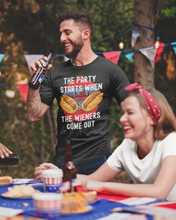 Load image into Gallery viewer, The Party Starts When The Wiener Comes Out Funny Hot Dog Unisex T-Shirt, Funny Summer cook out T-shirt
