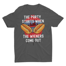 Load image into Gallery viewer, The Party Starts When The Wiener Comes Out Funny Hot Dog Unisex T-Shirt, Funny Summer cook out T-shirt
