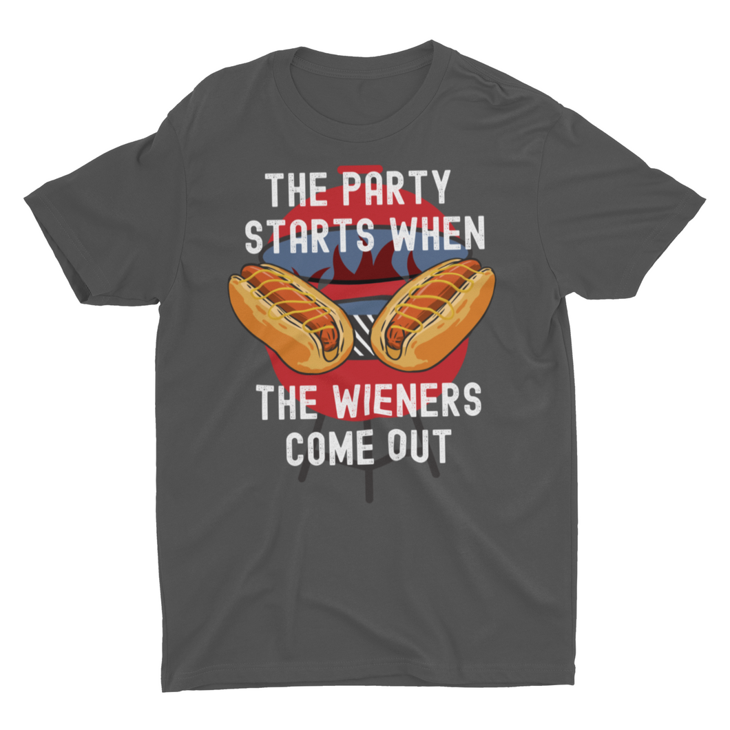 The Party Starts When The Wiener Comes Out Funny Hot Dog Unisex T-Shirt, Funny Summer cook out T-shirt