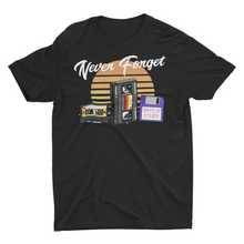 Load image into Gallery viewer, Never Forget Retro Vintage Cassette Tape VHS and Floppy Disc Graphic Novelty Unisex Funny T-Shirt
