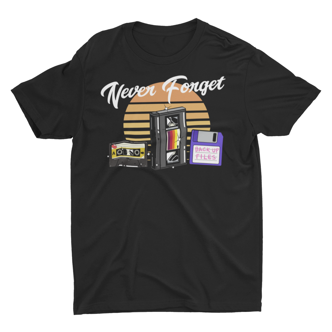 Never Forget Retro Vintage Cassette Tape VHS and Floppy Disc Graphic Novelty Unisex Funny T-Shirt
