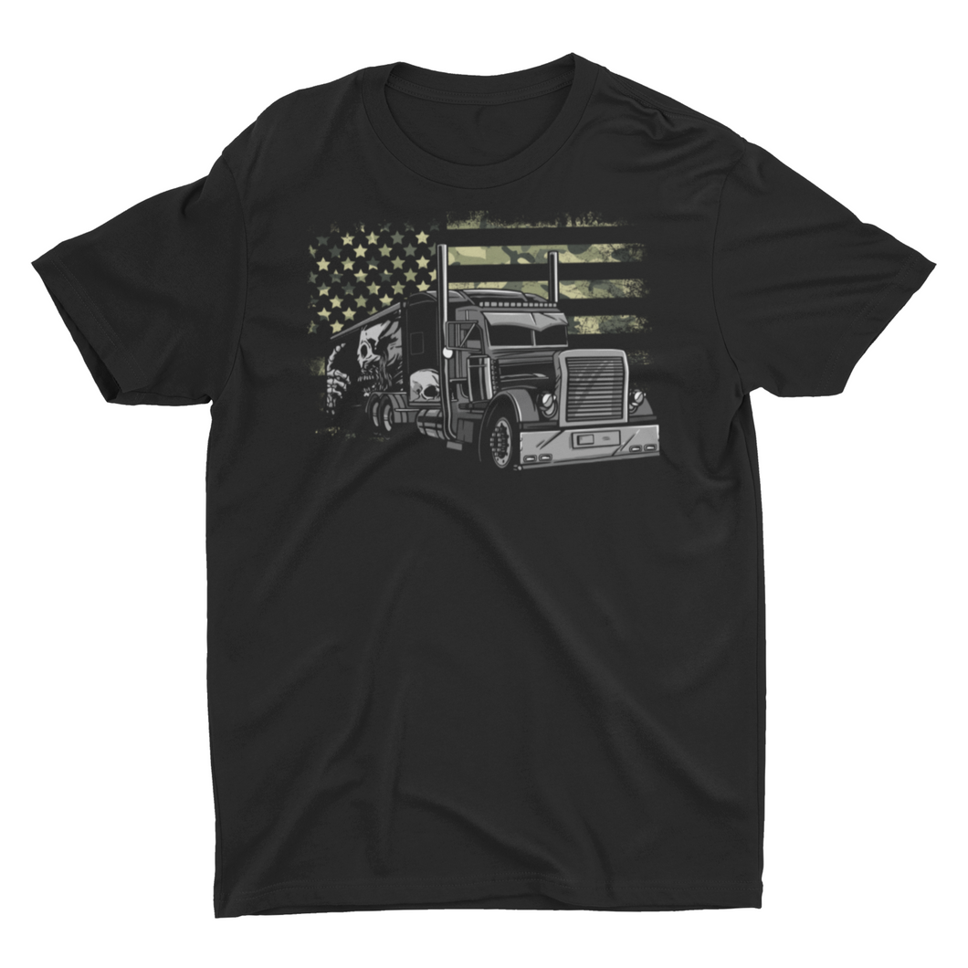 Truck Driver Camo American Flag Distressed Style Trucker T-Shirt