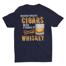 Load image into Gallery viewer, Weekend Forecast Cigars with a Chance of Whiskey T-Shirt
