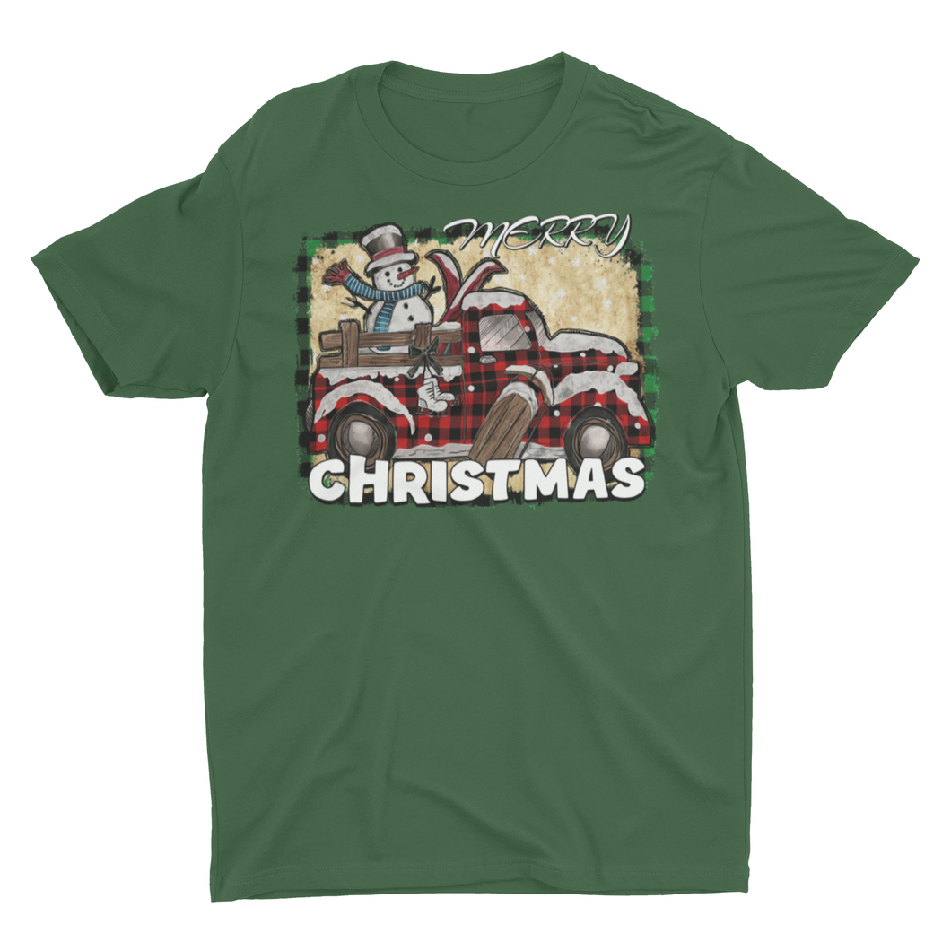 Merry Christmas Snowman In Vintage Buffalo Plaid Truck Unisex Classic T-Shirt