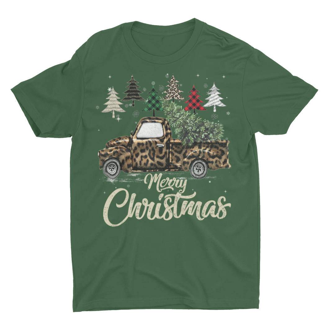 Retro Style Merry Christmas Leopard Print Vintage Truck Unisex Classic T-Shirt
