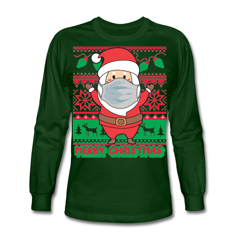 Santa Wearing a Mask Ugly Sweater Style Long Sleeve T-Shirt - forest green