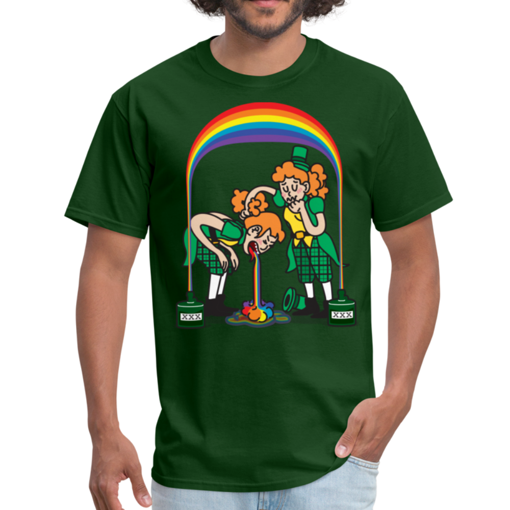 Funny, Saint Patrick’s Day Partying Leprechaun and Rainbow Unisex Classic T-Shirt - forest green
