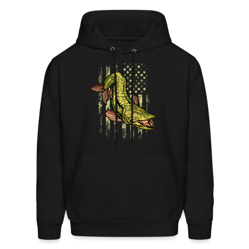 Musky Fishing Camouflage American Flag Muskie Hoodie - black